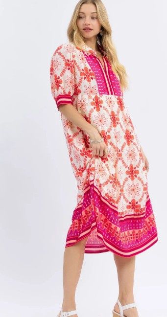 Bloom Trellis Boarder Print Midi Dress, Color: Pink Mix, Size: Small