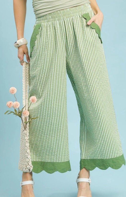 Stripe Scallop Hem Wide Leg Pants, Color: Sage, Size: Small