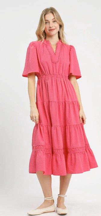 Textured Tiered Midi Dress with Lace Trim, Color: Peony, Size: Small