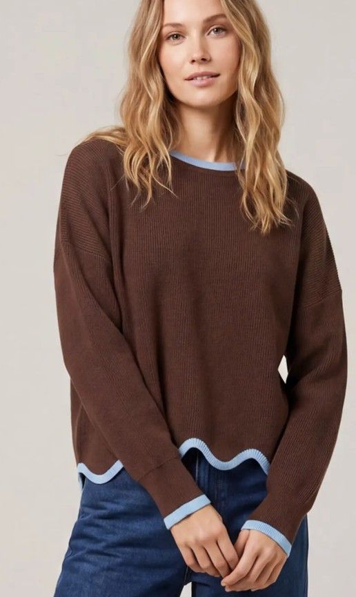 Scallop Hem L/S Sweater, Color: Brown, Size: Small
