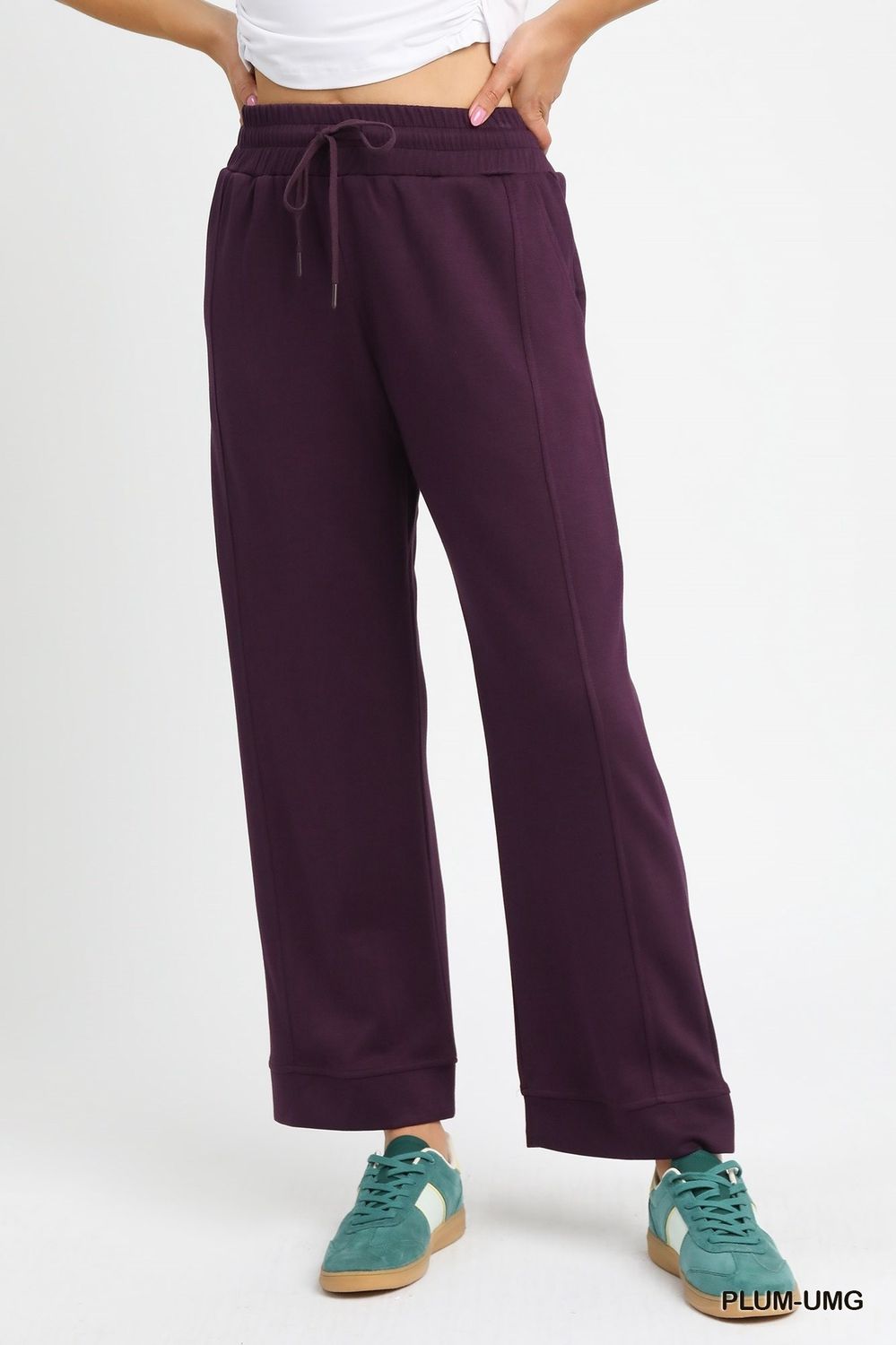 Knit Drawstring Straight Leg Pants, Color: Plum, Size: Small
