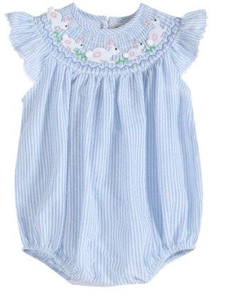 Seersucker Bunny Smock Flutter Romper, Color: Blue, Size: 3-6m