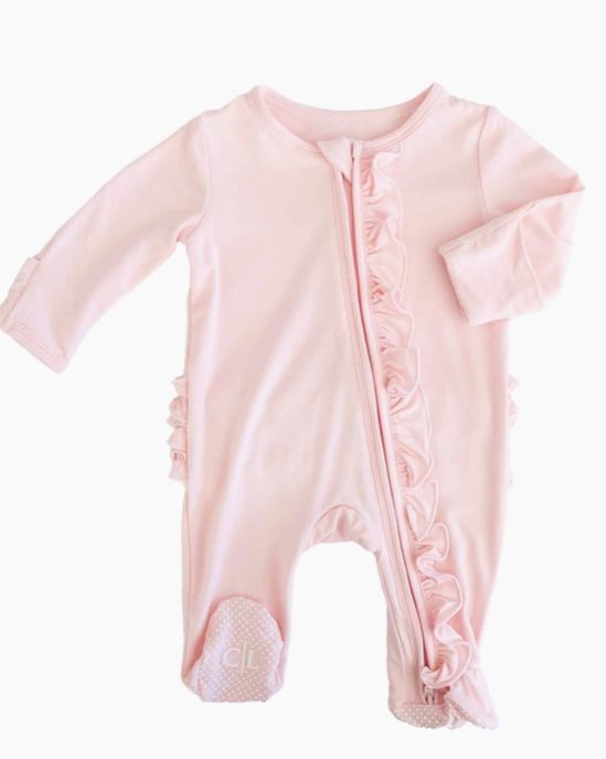 Ruffle Zipper Footie, Color: Baby Pink Bamboo, Size: Newborn