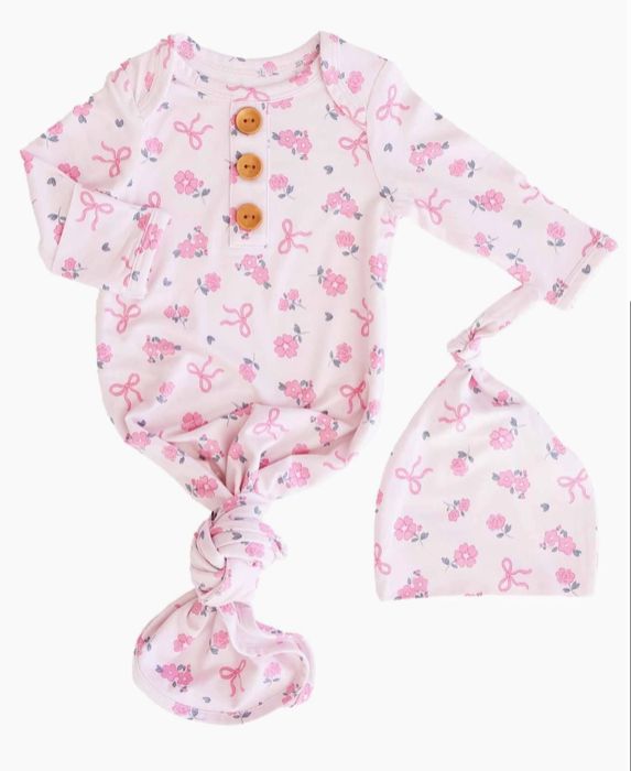 Newborn Knot Gown &amp; Hat SET, Color: Ribbons &amp; Roses-Pink
