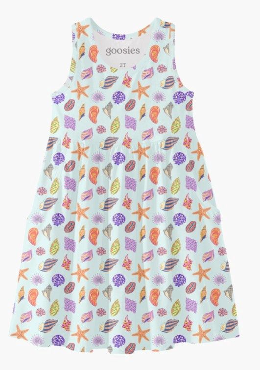 Girl's Sleeveless Pocket Dress, Color: Beach Seashells, Size: 2T