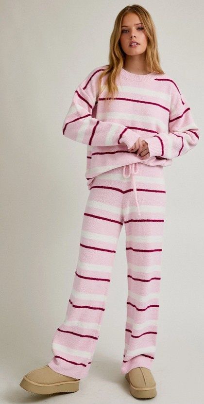 Stripe L/S Sweater with Wide Leg Pants, Color: Lt Pink/Cream, Size: X-Small