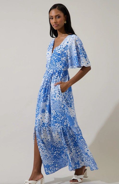 Flutter Maxi Dress Serra Floral, Color: Wht/Blue, Size: X-Small