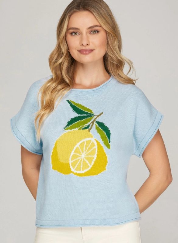 Lemon Print S/S Knit Sweater Top