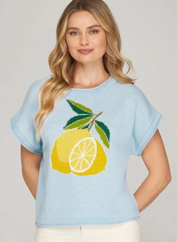 Lemon Print S/S Knit Sweater Top, Color: Lt Blue, Size: Small