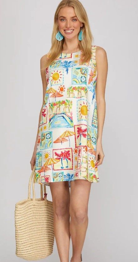 Sleeveless A Line Mini Dress w/ Pockets, Color: Blue/Orange, Size: Small