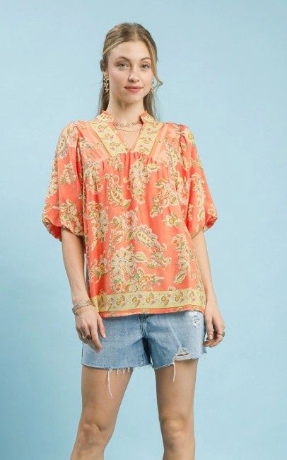 Floral Boho Blouse, Color: Apricot, Size: Small