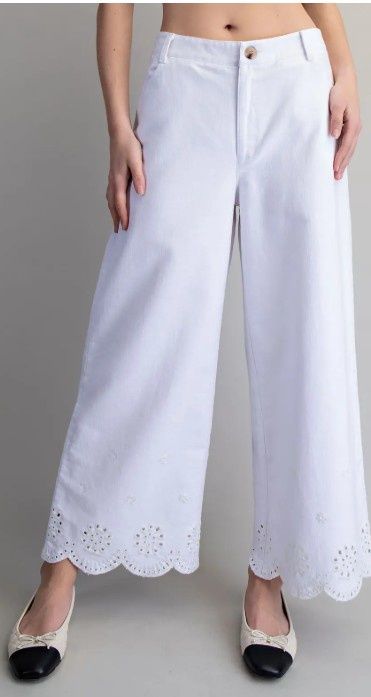 Eyelet Hem Pants, Color: White, Size: Small