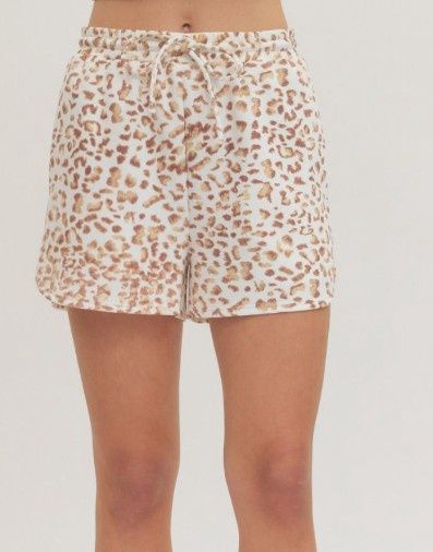 Animal Print Elastic Waist Shorts, Color: Tan, Size: Small