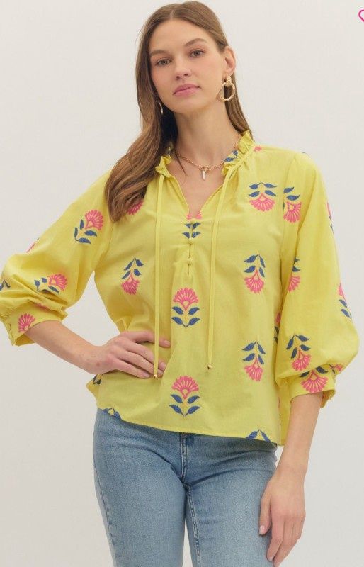 Embroidered 3/4 Puff Sleeve Top, Color: Lemon, Size: Small