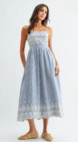 Pinstripe Midi Dress w/ Embroidered Lace