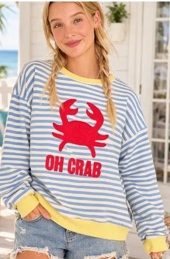 Striped Oh Crab Oversize Sweatshirt, Color: Blue Multi, Size: Small