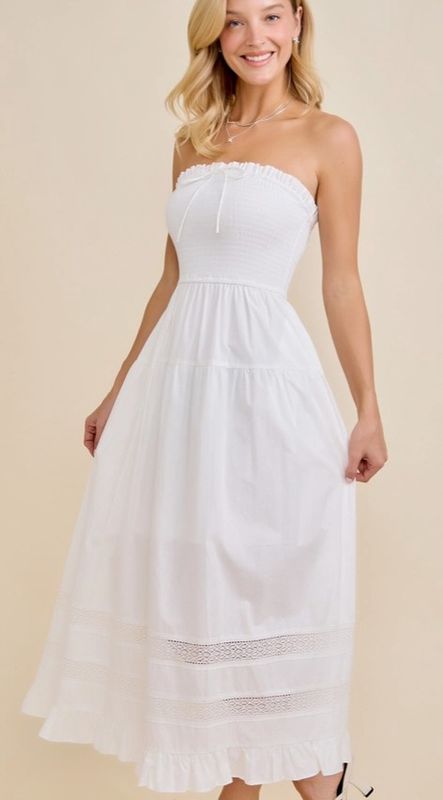 Shirred Strapless Ruffle Maxi Dress