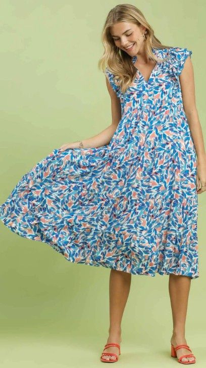 Leaf Print Sleeveless Dress, Color: Blue, Size: Small