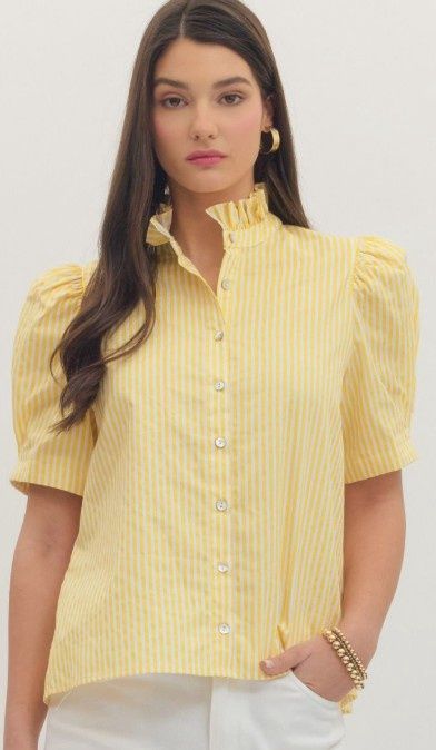 Striped Puff S/S Top, Color: Lemon, Size: Small