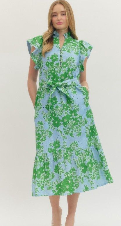 Floral Print Flutter Sleeve Midi Dress, Color: Blue, Size: Small