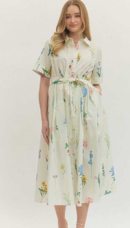 Floral Print S/S Midi Dress w/ Side Pkts, Color: Ecru, Size: Small