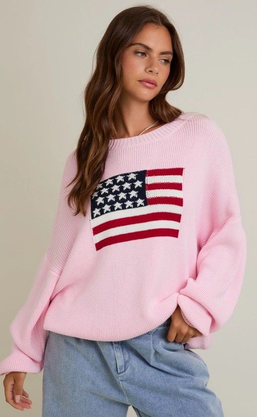 USA Flag Over Sized Sweater, Color: Pink, Size: X-Small