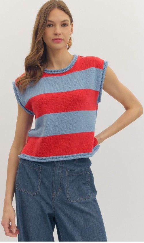 Striped Cap Sleeve Top, Color: Red, Size: Small