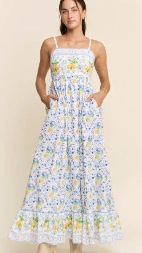 Smocking Back Maxi Dress, Color: Lemon Blue, Size: Small