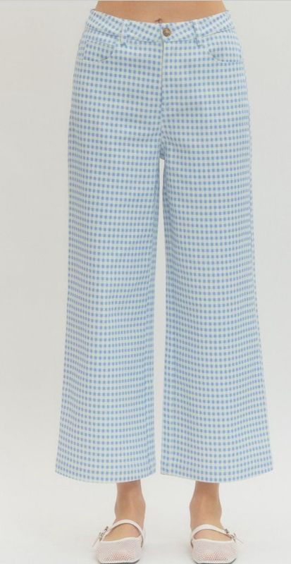 Gingham Straight Leg Pants w/ Button Closure