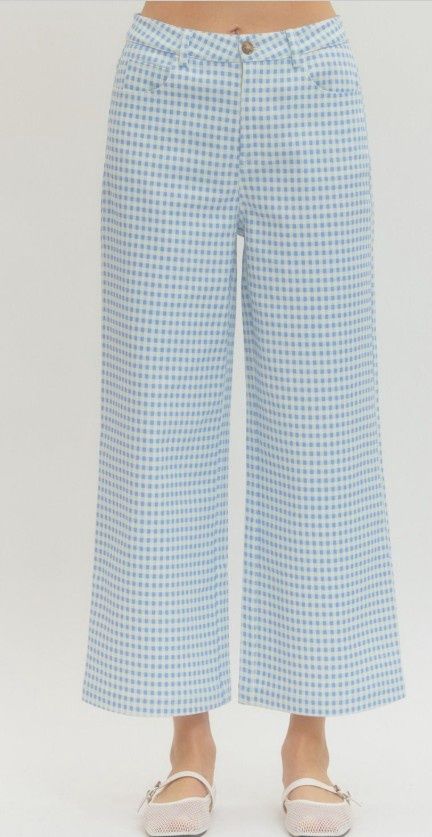 Gingham Straight Leg Pants w/ Button Closure, Color: Blue, Size: Small