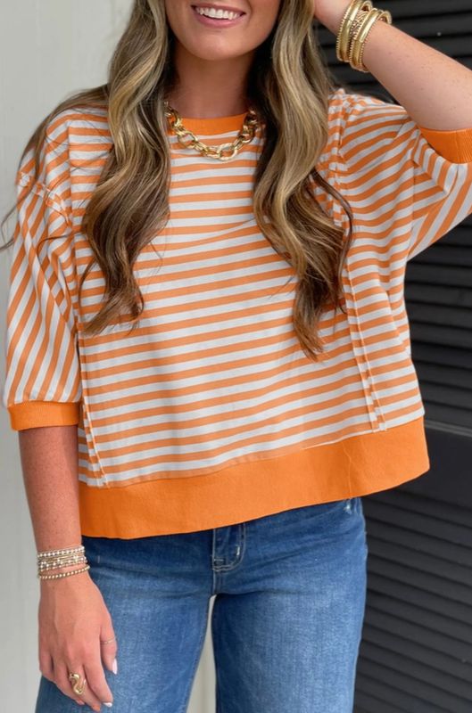 Stripe 3/4 Slv Pullover Top