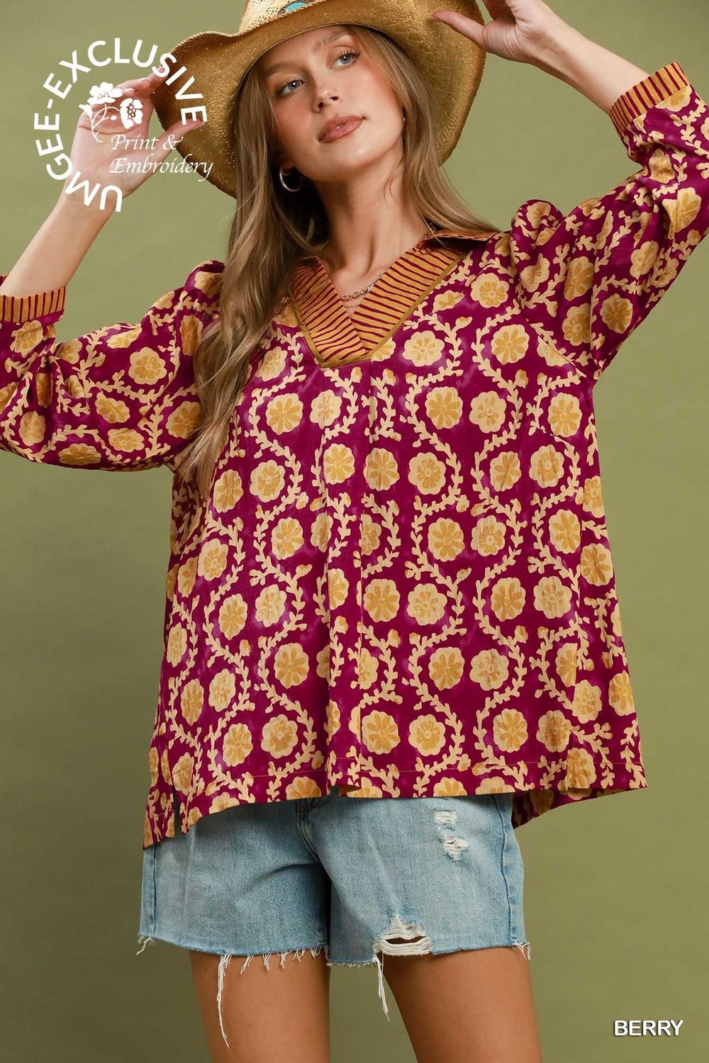 Stripe Collar Floral Top, Color: Berry, Size: Small
