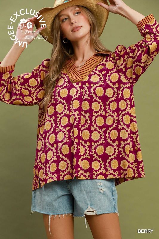 Stripe Collar Floral Top