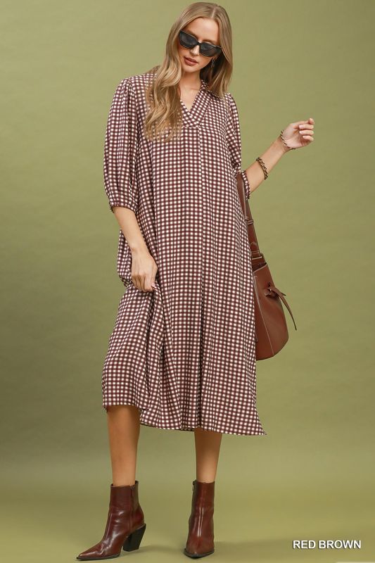 Gingham L/S Midi Dress