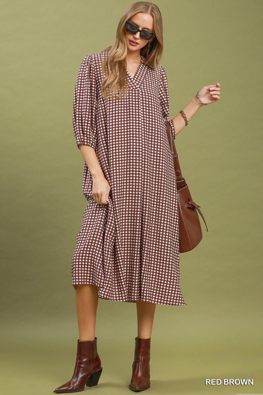 Gingham L/S Midi Dress, Color: Red Brown, Size: Small