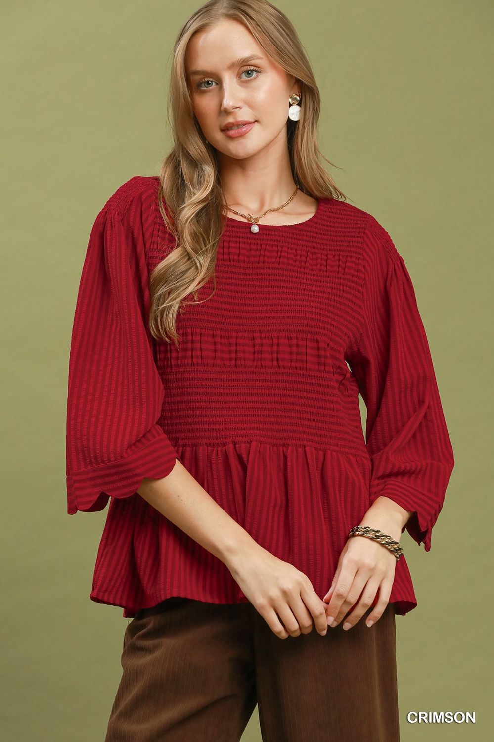 Stripe Scalloped Top, Color: Crimson, Size: Small