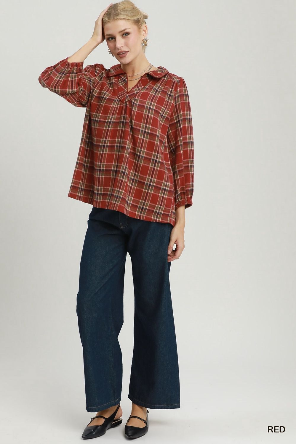 Plaid Collared L/S Top, Color: Red, Size: Small