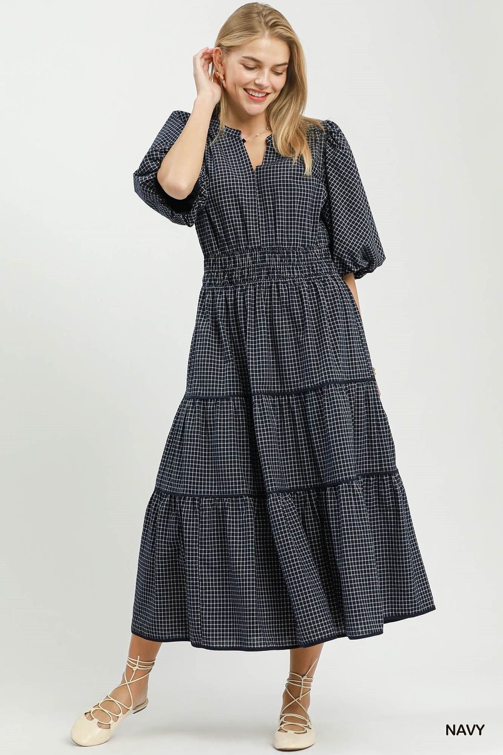 Checkered Midi Dress, Color: Navy, Size: Small