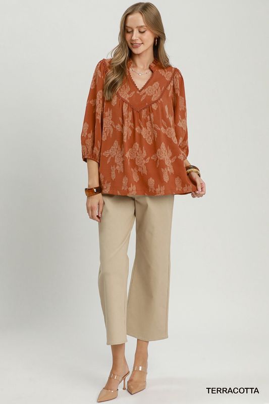 Floral Scallop V-Neck Top