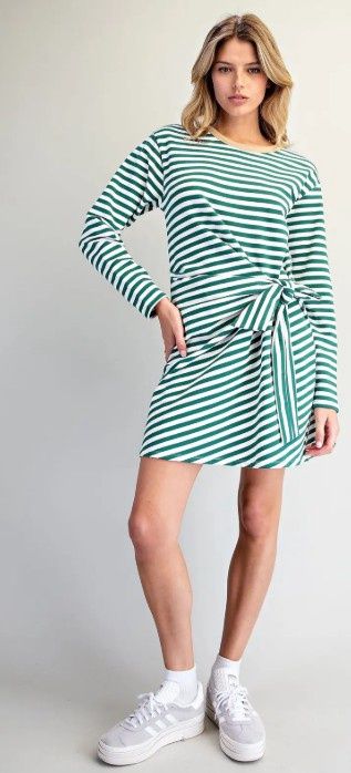 Stripe Front Tie L/S Dress