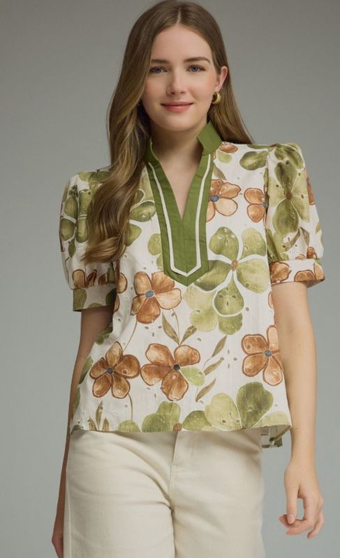 Floral Print Short Puff Slv Top