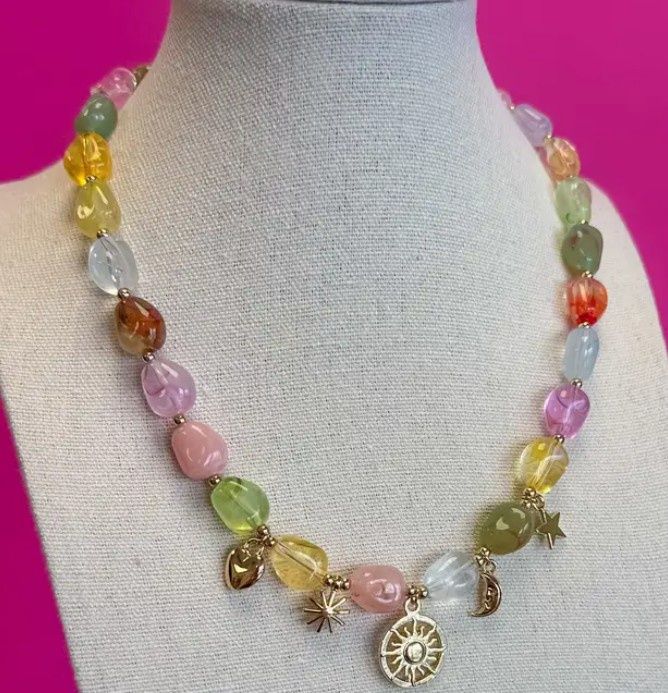 Multi Mix Bead w/ Charm Necklace