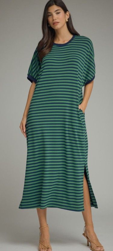 Stripe short sleeve midi dress, Color: Green Navy, Size: Small