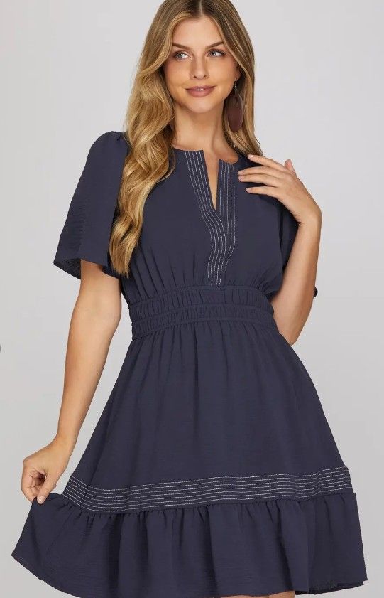 Mini Dress S/S with Contrast Stitching, Color: Navy, Size: Small
