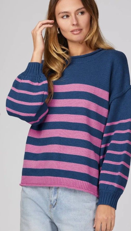 Striped Sweater L/S, Color: Navy/Violet, Size: Small