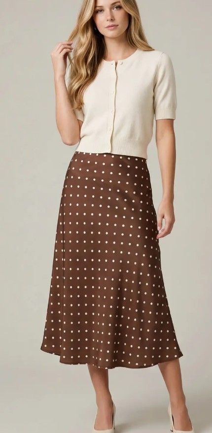 Polka Dot Print Midi Skirt, Color: Brown, Size: Small
