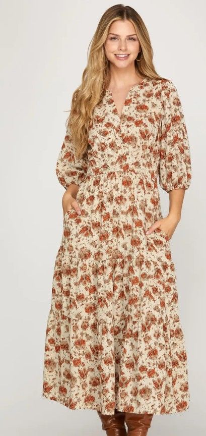 Midi Dress 3/4 Sleeves w/ Pockets, Color: Cream/Rust, Size: Small