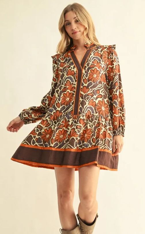 Floral L/S Dress, Color: Brown Mix, Size: Small