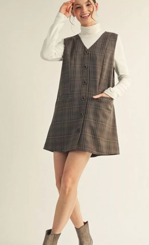 Front button-down checker Sleeveless Dress