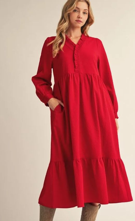 Midi Dress L/S w/ Ruffled Neckline, Color: Red, Size: Small